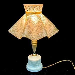 Vintage hobnail milk glass & wood boudoir lamp with plastic ruffle dress…